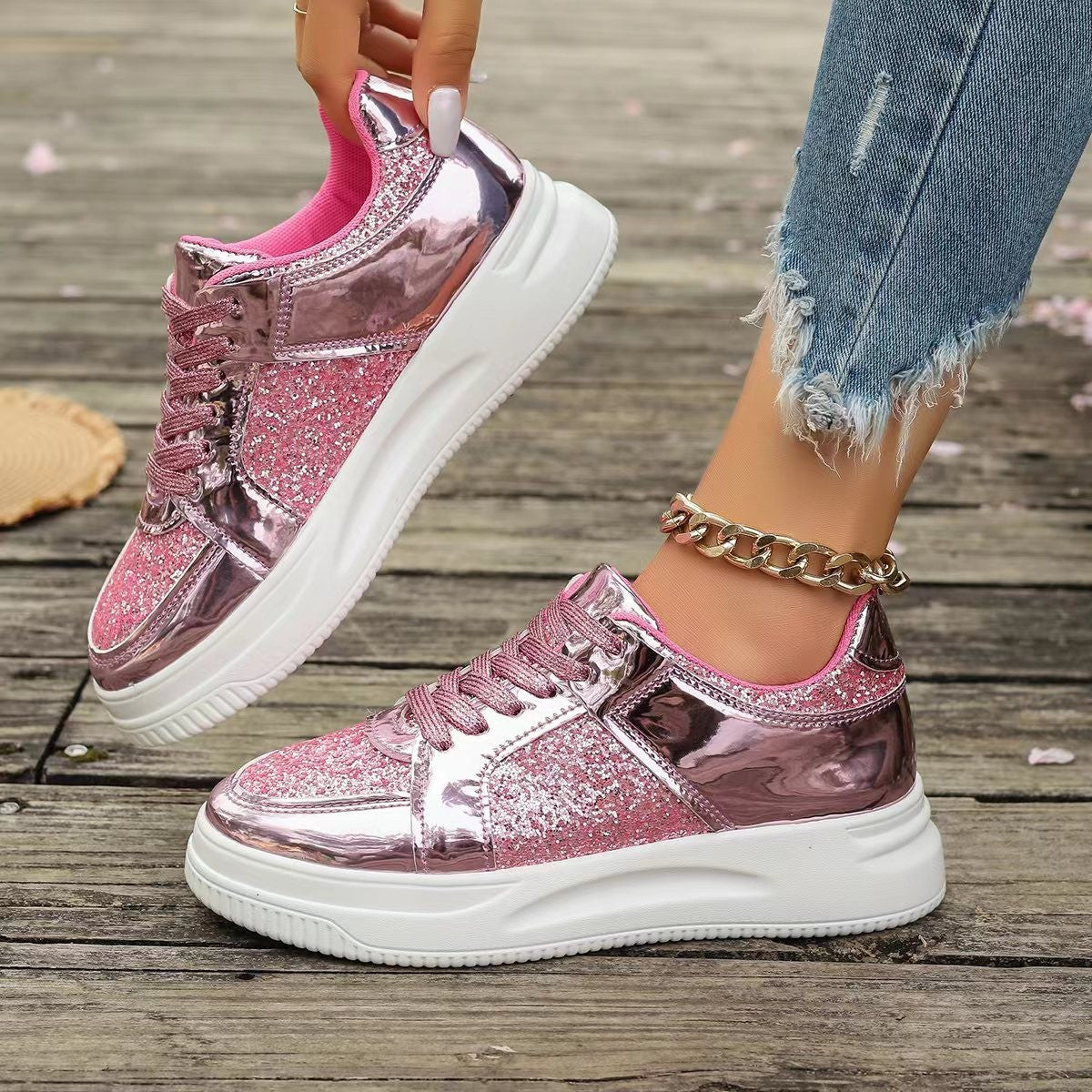 Stylish Lace-Up Sequin Flats: Casual Sports Shoes for Women with Thick Bottom and Non-Slip Design – Perfect for Effortless Walks A&S Collection