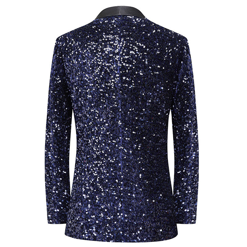 Stunning navy blue sequined tuxedo jacket with a black satin lapel, perfect for formal events. A&S Collection