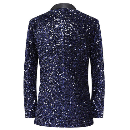 Stunning navy blue sequined tuxedo jacket with a black satin lapel, perfect for formal events. A&S Collection
