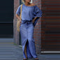 Two-piece Skirt Suits Fashion Loose Bat-sleeved Short Sleeve Top And Slim Fit Slit Maxi Skirt Patchwork Chic Outfit Women's Clothing.