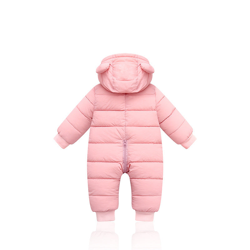 Cozy baby winter onesie with bear ears, padded for warmth with front zipper and bear patch design. A&S Collection
