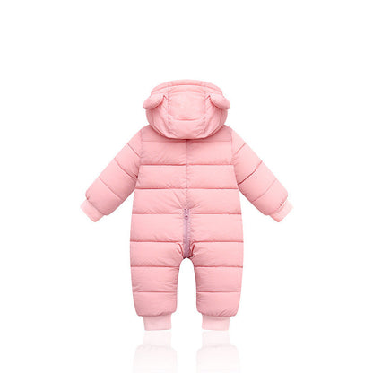 Cozy baby winter onesie with bear ears, padded for warmth with front zipper and bear patch design. A&S Collection