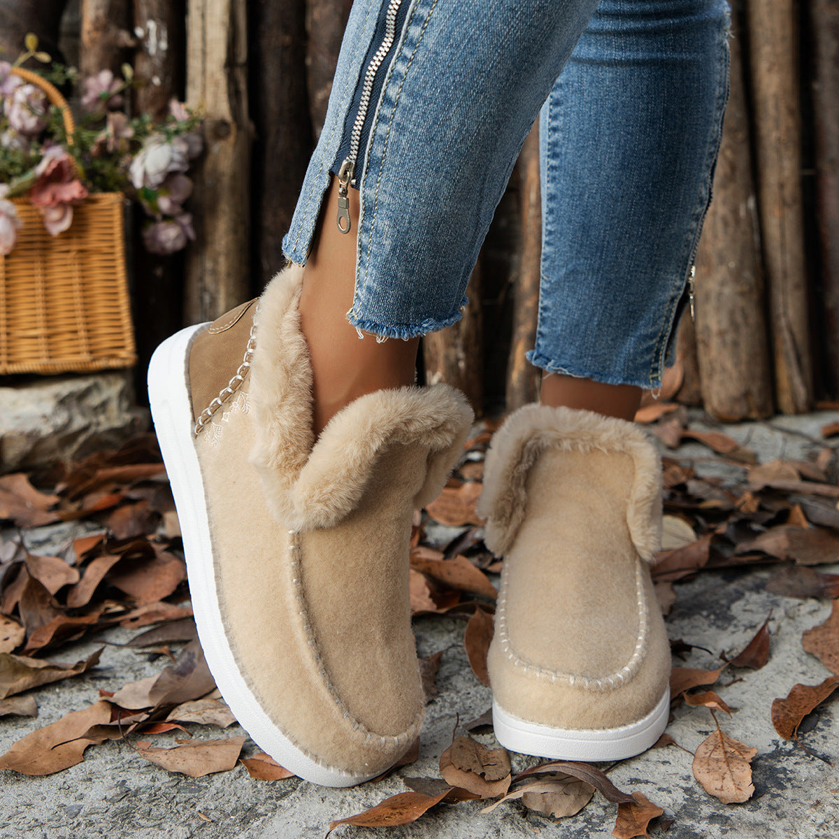 Plus Size Fleece-lined Thicker Raw Edge Warm Flat Bottom Cotton Shoes A&S Collection