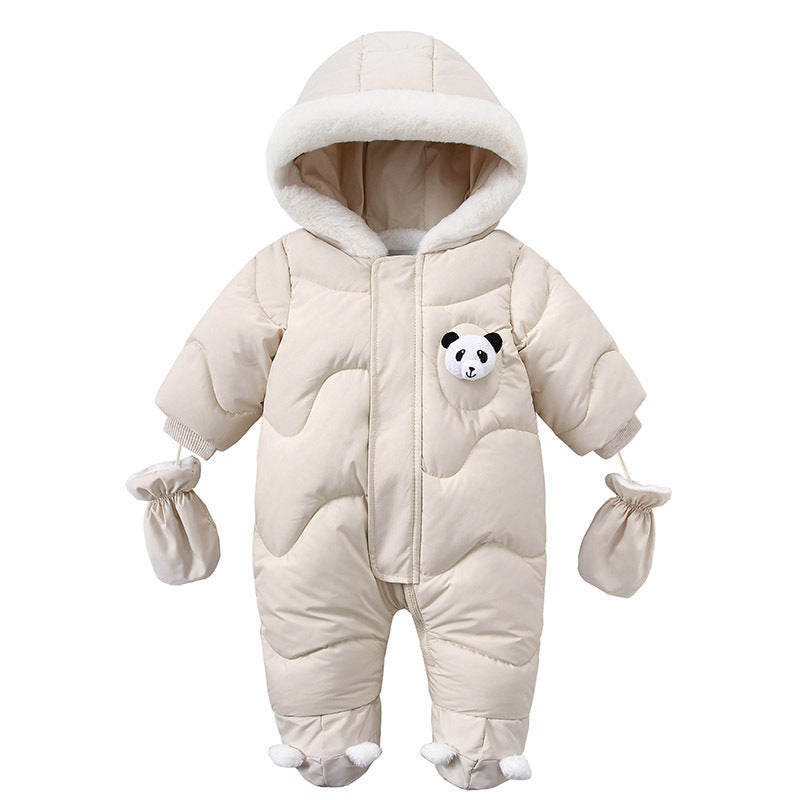 Adorable pink baby snowsuit with panda design, cozy hood, and mittens. A&S Collection