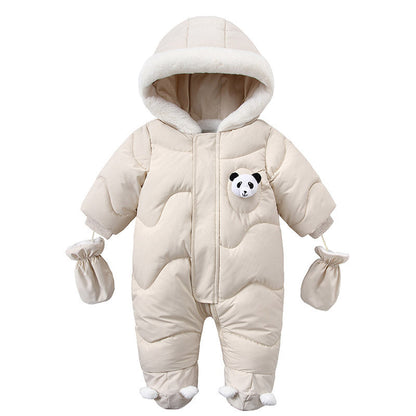 Adorable pink baby snowsuit with panda design, cozy hood, and mittens. A&S Collection
