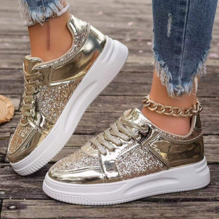 Stylish Lace-Up Sequin Flats: Casual Sports Shoes for Women with Thick Bottom and Non-Slip Design – Perfect for Effortless Walks A&S Collection