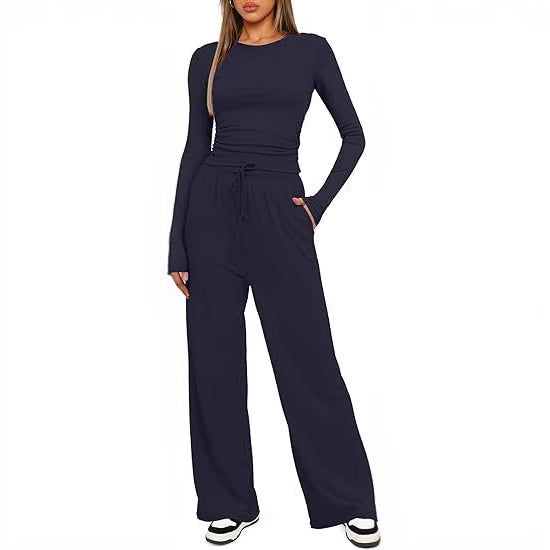 2 Pieces Women's Suit Autumn Winte Long Sleeve Tops High Waisted Wide Leg Pants Sportswear Female Clothes Solid Color Casual Suit.
