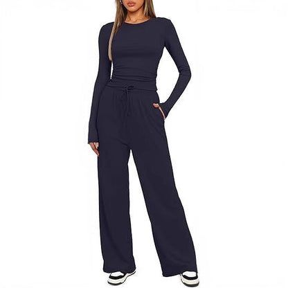 2 Pieces Women's Suit Autumn Winte Long Sleeve Tops High Waisted Wide Leg Pants Sportswear Female Clothes Solid Color Casual Suit.