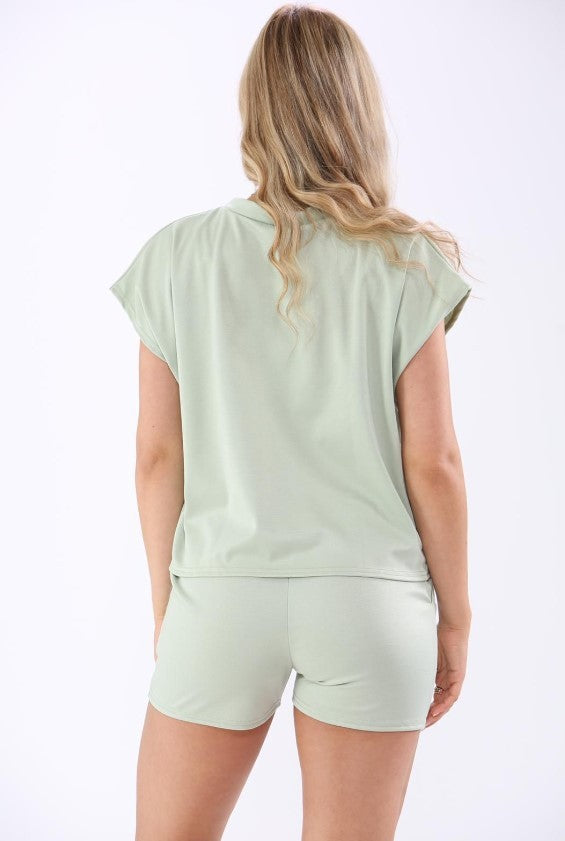Women's Solid Color Short Sleeve Leisure Suit - Stylish Lace-Up Drawstring Design for Everyday Comfort CJ