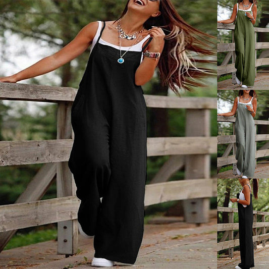 Women's Sleeveless Jumpsuit With Pockets And Adjustable Shoulder Strap Fashion Loose Wide Leg Straight Overalls Summer Beach Trousers A&S Collection