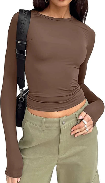 Women's Long Sleeved T-Shirt Spring And Autumn Solid Color Slim Fit Pullover Women's Basic T-Shirt Y2k Clothes Street Wear A&S Collection