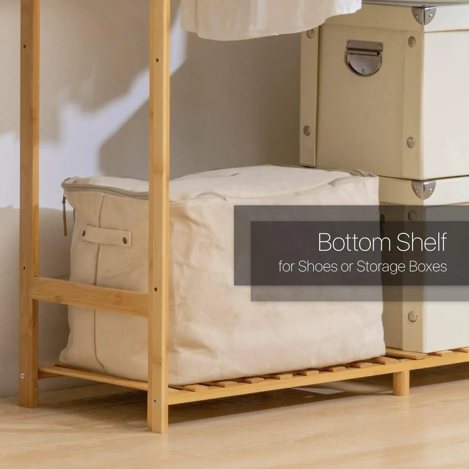 Bamboo Clothes Rack with Double Rods and Storage Shelves Free Standing Open Wardrobe Rack for Hanging Clothes and Storage for Be A&S Collection