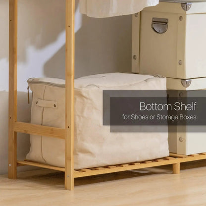 Bamboo Clothes Rack with Double Rods and Storage Shelves Free Standing Open Wardrobe Rack for Hanging Clothes and Storage for Be A&S Collection