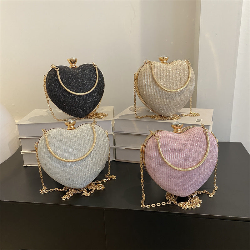Evening Clutch Bag Women Bag Shiny Handbag Heart Shape Metal Clutches Bag Fashion Chain Shoulder Crossbody Bag Luxury Lady Purse Valentines Day Outfit A&S Collection