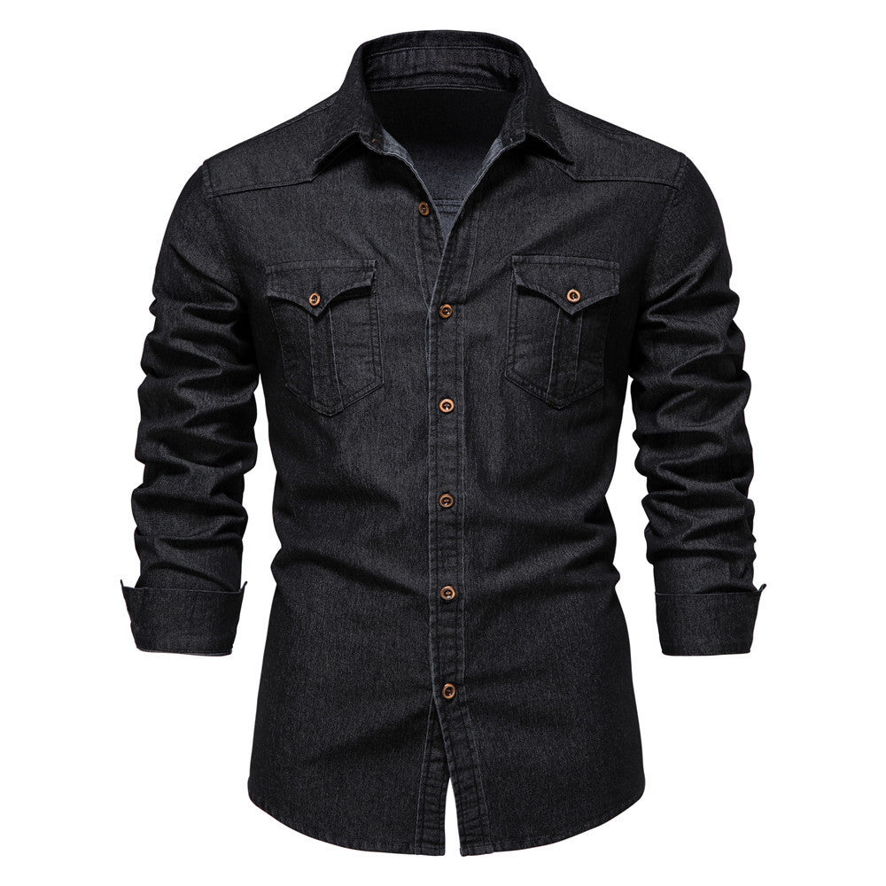 Men's Long-sleeved Denim Shirt Casual Solid Button Slim Tops Clothing A&S Collection