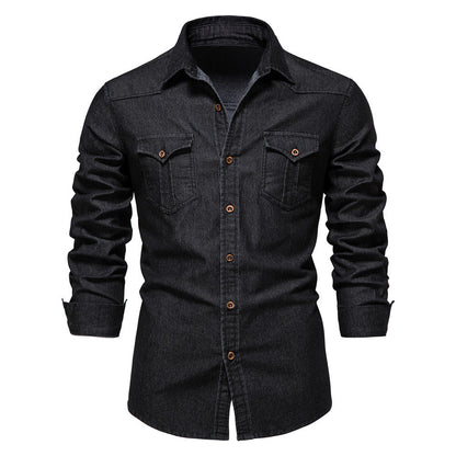 Men's Long-sleeved Denim Shirt Casual Solid Button Slim Tops Clothing A&S Collection