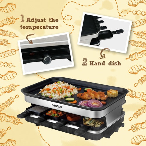 Raclette Grill 8 People Grill Plate Non-stick Coated, Raclette With 8 Mini Raclette Pans, Infinitely Adjustable Temperature, 1500W A&S Collection