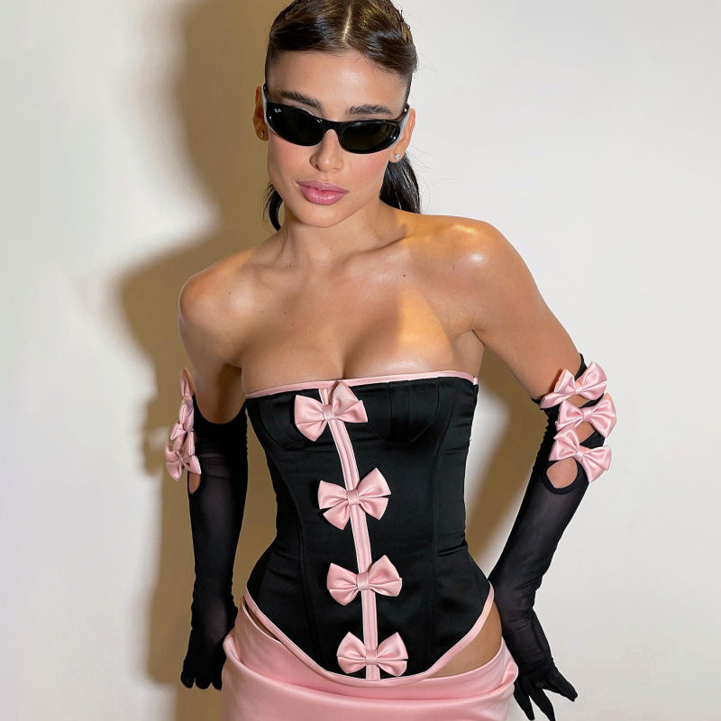 Foreign trade European and American women's two-piece binding backless skirt irregular dress bow suit sexy hollowed out short skirt A&S Collection