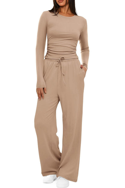 2 Pieces Women's Suit Autumn Winte Long Sleeve Tops High Waisted Wide Leg Pants Sportswear Female Clothes Solid Color Casual Suit.