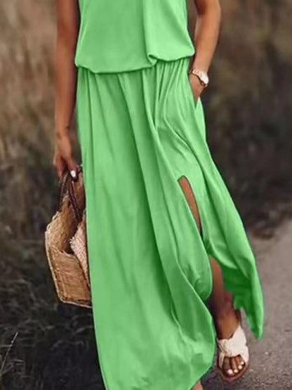 Full Size Round Neck Sleeveless Slit Maxi Dress Plus Size.