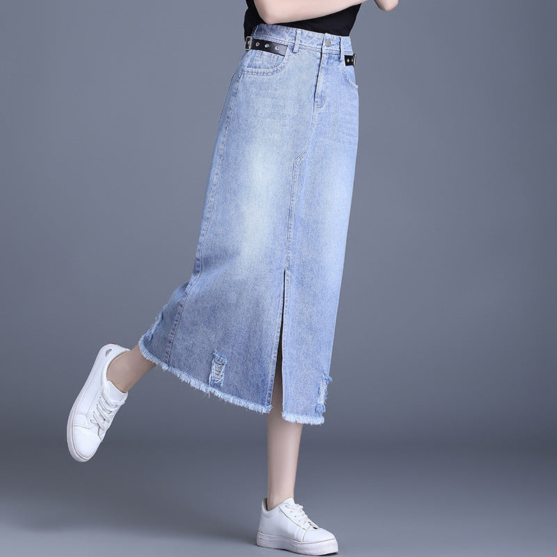 Trendy Korean front slit denim skirt, summer slimming and chic A&S Collection