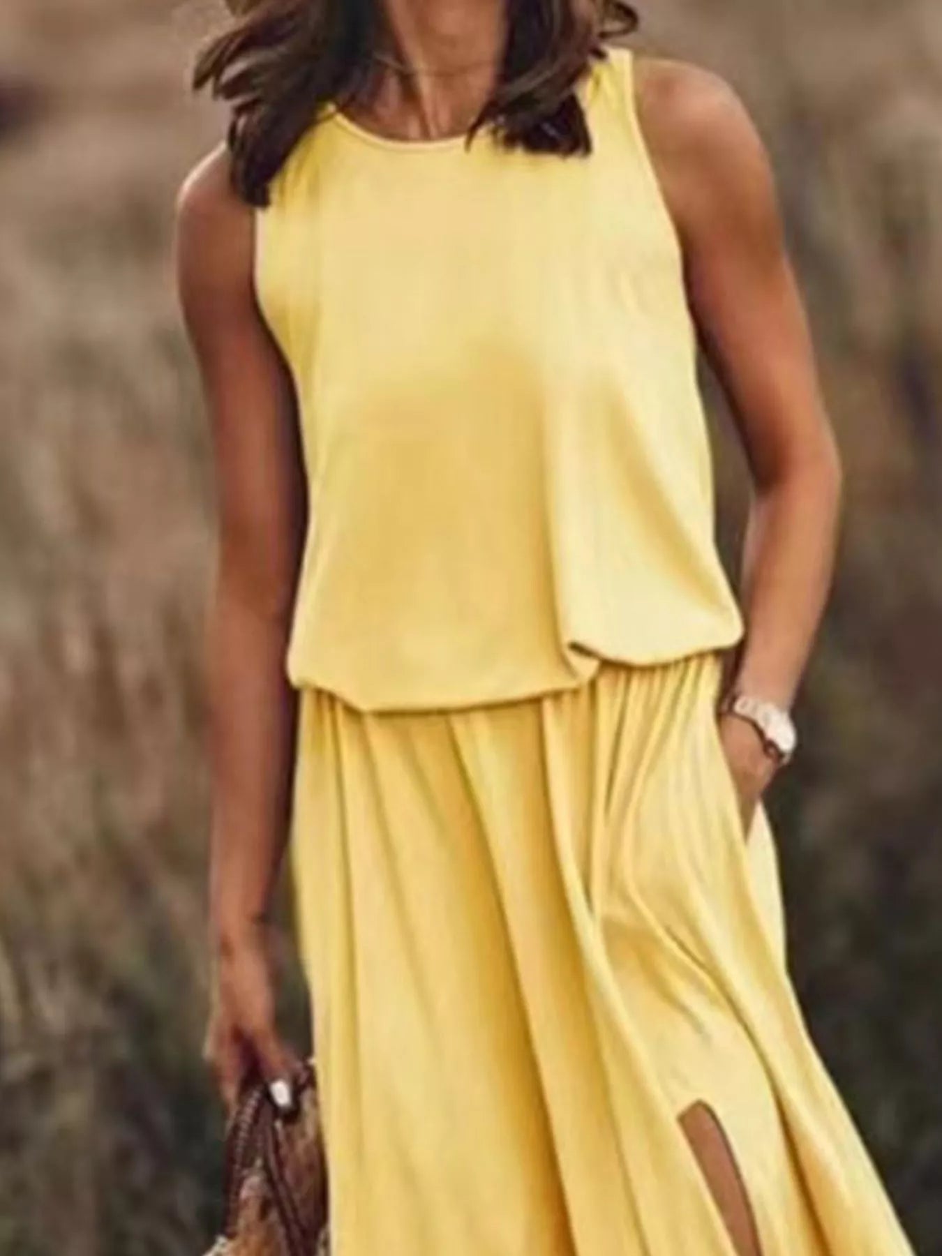 Full Size Round Neck Sleeveless Slit Maxi Dress Plus Size.