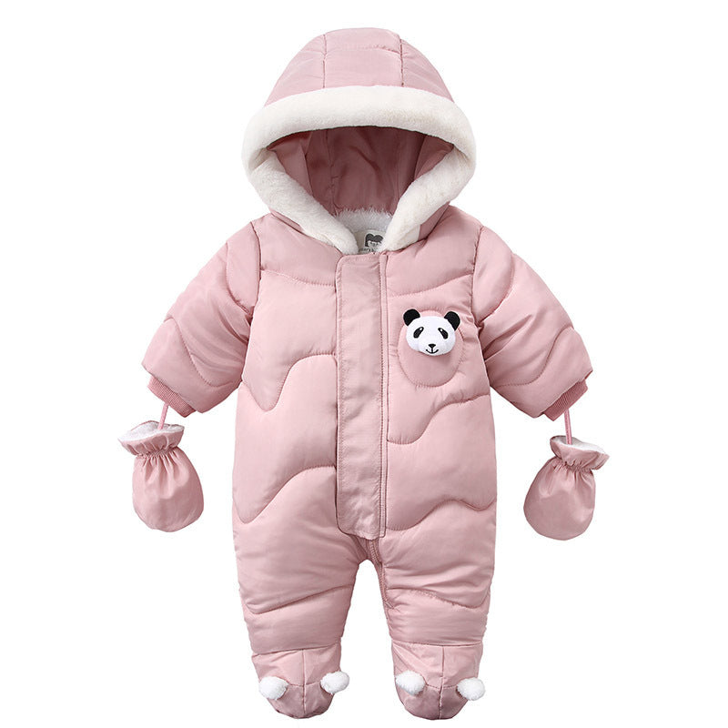Adorable pink baby snowsuit with panda design, cozy hood, and mittens. A&S Collection