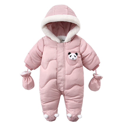Adorable pink baby snowsuit with panda design, cozy hood, and mittens. A&S Collection