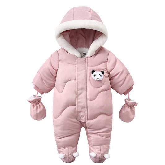 Adorable pink baby snowsuit with panda design, cozy hood, and mittens. A&S Collection