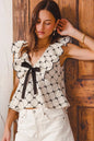 SO ME Bow Texture Jacquard Woven Top with Scallop and Tie.