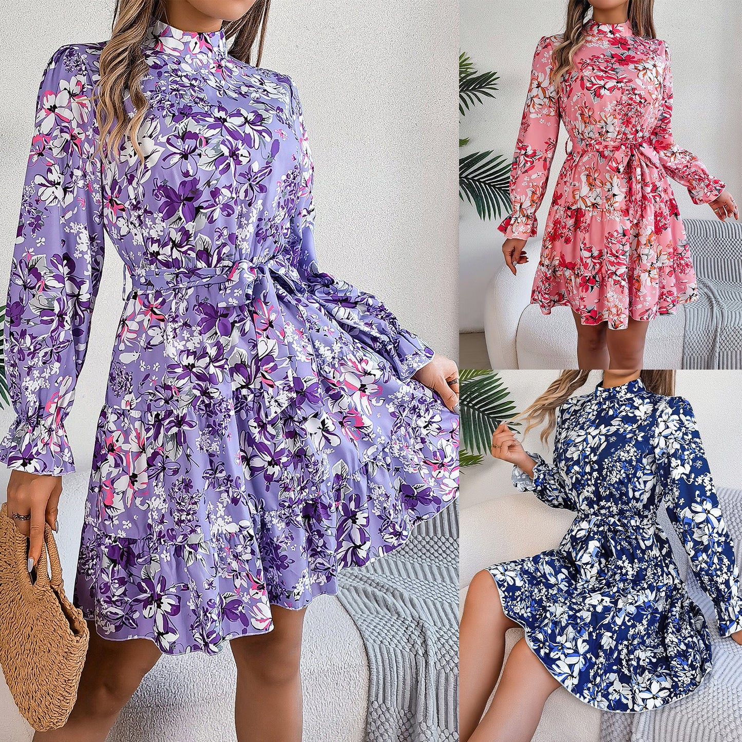 Standing Collar Floral Print Waist-controlled Long Sleeves Ruffled A-line Dresses For Women Spring Autumn Ruffle Edge Long Dress.