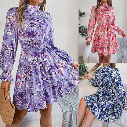 Standing Collar Floral Print Waist-controlled Long Sleeves Ruffled A-line Dresses For Women Spring Autumn Ruffle Edge Long Dress.