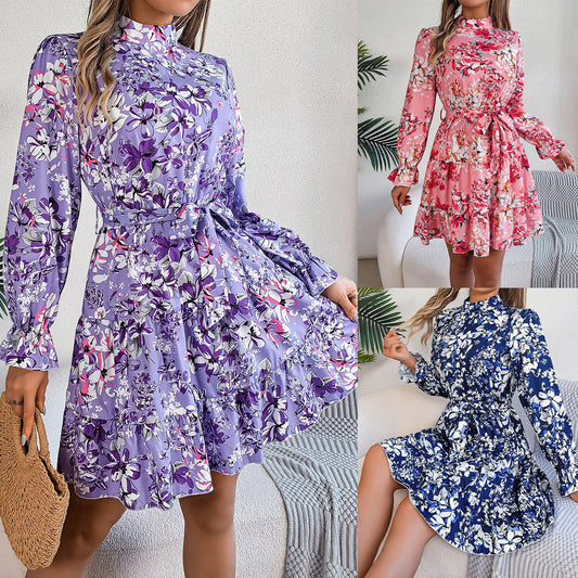 Standing Collar Floral Print Waist-controlled Long Sleeves Ruffled A-line Dresses For Women Spring Autumn Ruffle Edge Long Dress.