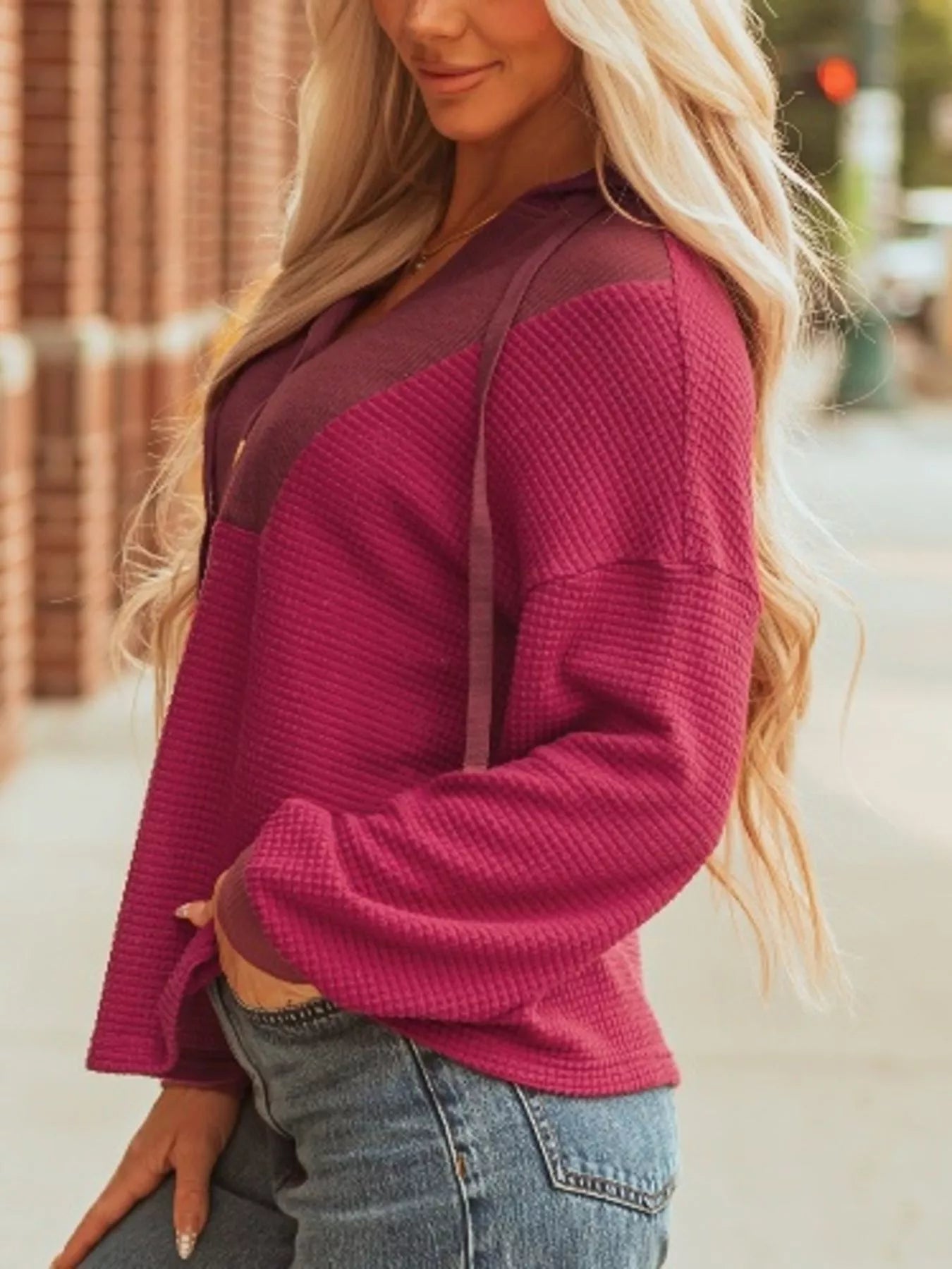 Waffle Knit Henley Sweatshirt with Button Detail.