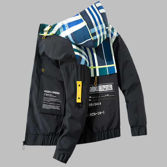 This men's autumn jacket features a hood with a plaid pattern, multiple pockets, and printed text, offering a stylish and loose fit for casual wear A&S Collection
