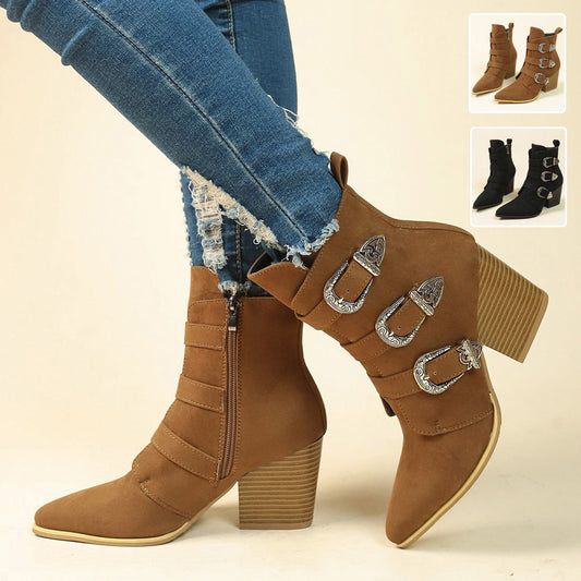 Chunky Heel Pointed Toe Boots With Belt Buckle Design Retro Mid-calf Boot Fashion Fall Winter Shoes For Women A&S Collection