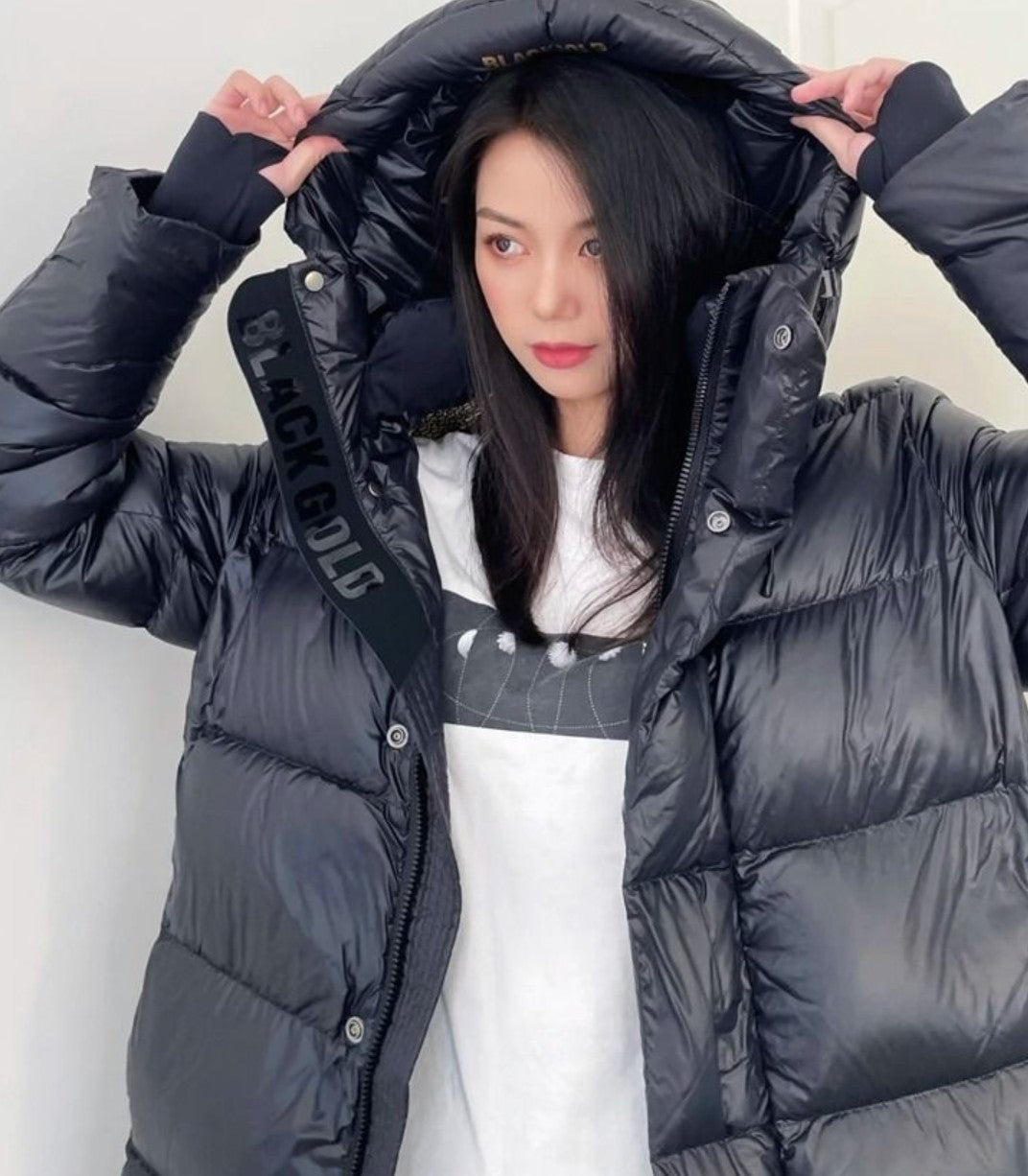Black Gold White Goose Down Mid-length Elegant Hooded Windproof Overknee Thickened Warm Down Jacket A&S Collection