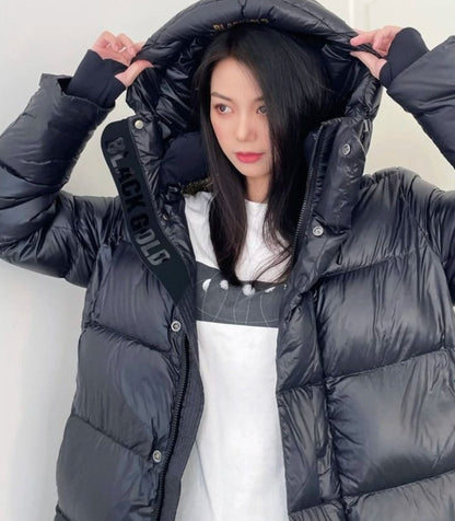 Black Gold White Goose Down Mid-length Elegant Hooded Windproof Overknee Thickened Warm Down Jacket A&S Collection