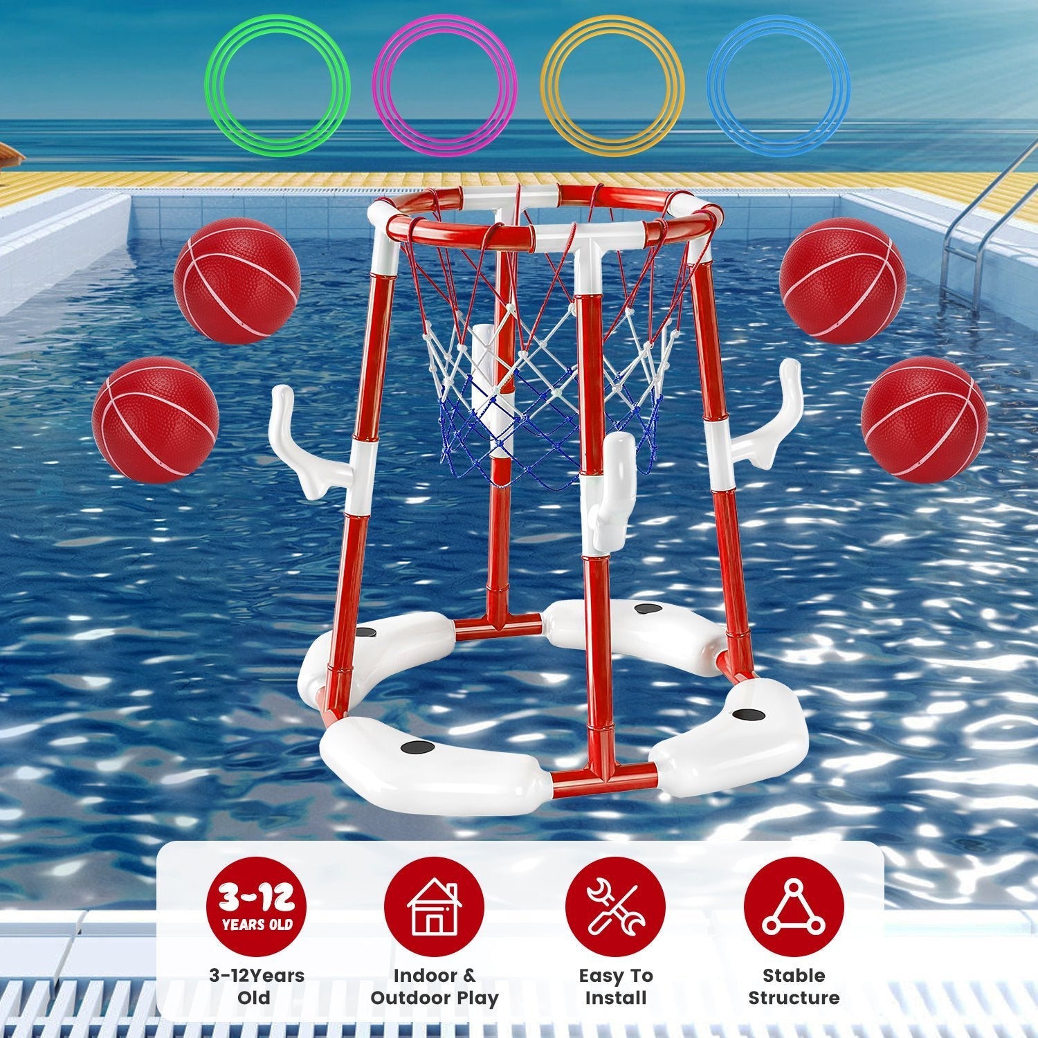 1Set Summer Pool Basketball Hoop Toy Set With 4 Basketballs 4 Circles Floating Swimming Pool Basketball Games Poolside Water Play Toy For 3 To 12Years Old Kids Adults A&S Collection