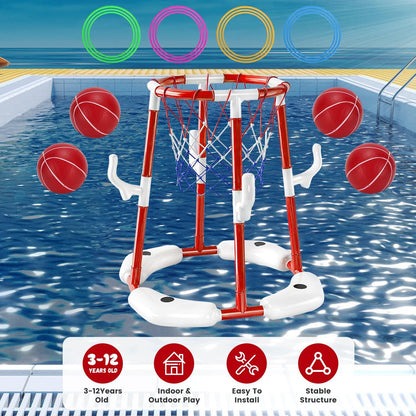 1Set Summer Pool Basketball Hoop Toy Set With 4 Basketballs 4 Circles Floating Swimming Pool Basketball Games Poolside Water Play Toy For 3 To 12Years Old Kids Adults A&S Collection