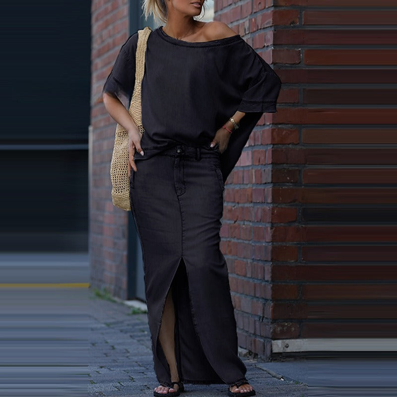 Two-piece Skirt Suits Fashion Loose Bat-sleeved Short Sleeve Top And Slim Fit Slit Maxi Skirt Patchwork Chic Outfit Women's Clothing.