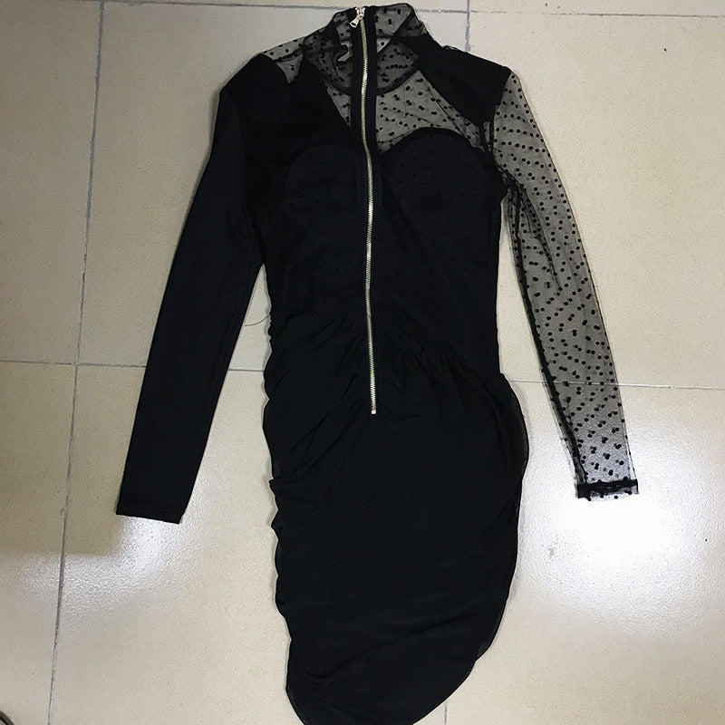 European and American stars the same sexy wave dot mesh splicing slim bag hip fold irregular dress A&S Collection