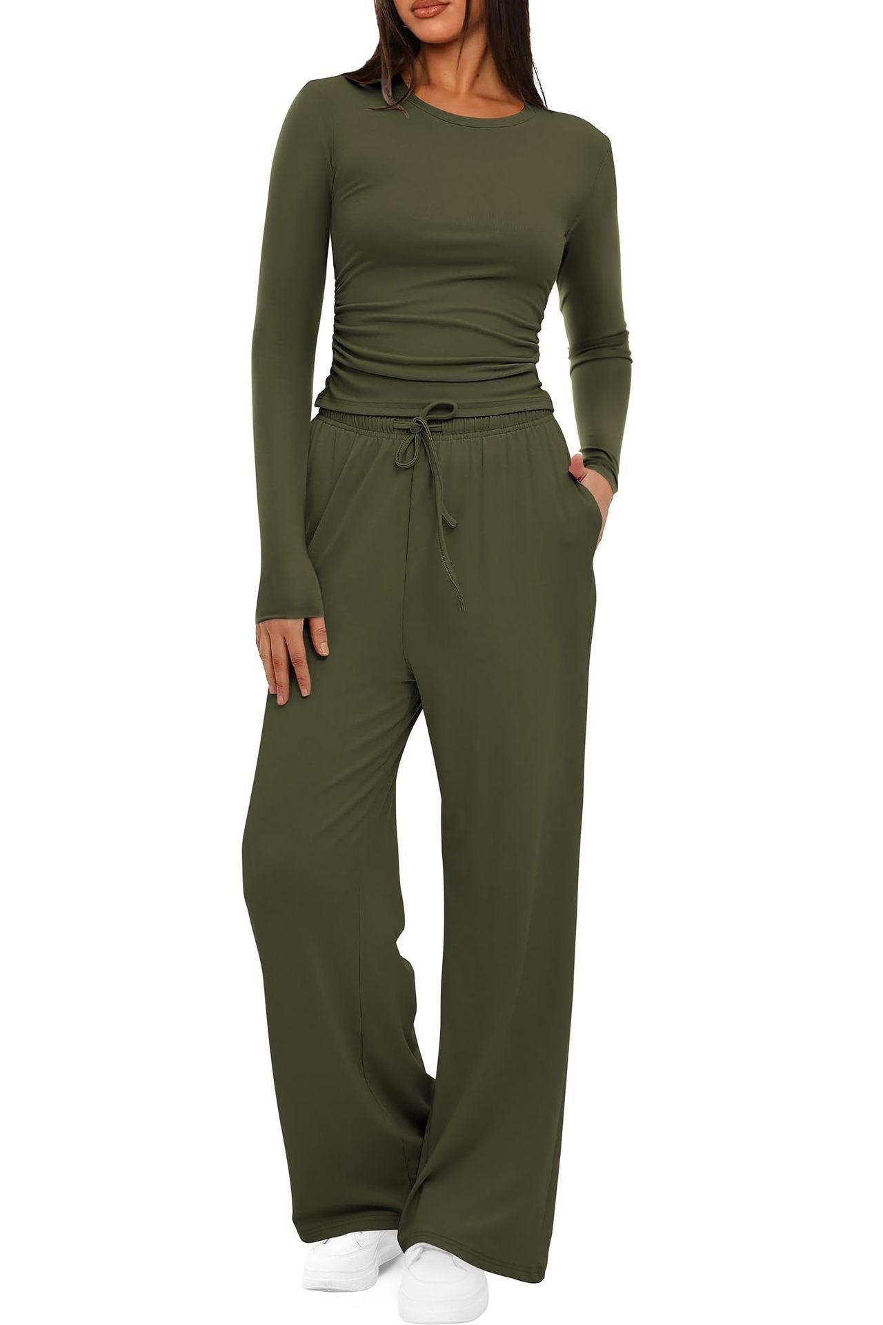 2 Pieces Women's Suit Autumn Winte Long Sleeve Tops High Waisted Wide Leg Pants Sportswear Female Clothes Solid Color Casual Suit.