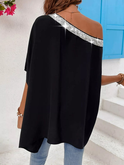 Sequined One Shoulder Batwing Sleeve Blouse.