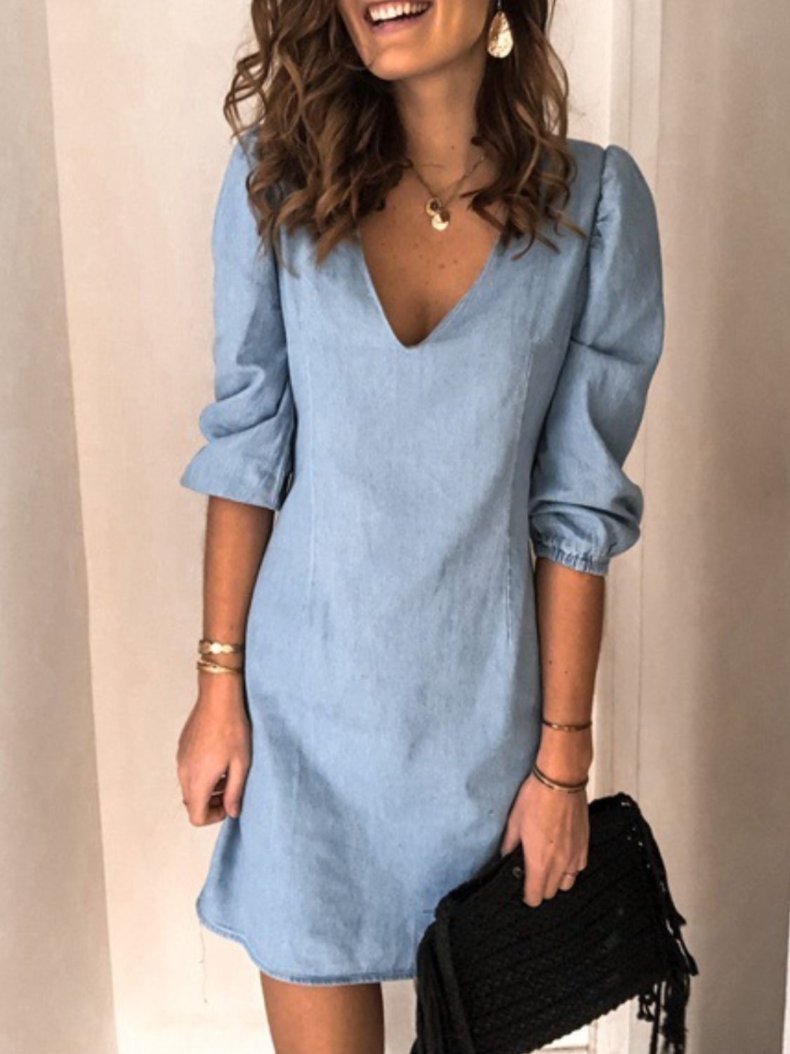 Full Size V-Neck Half Sleeve Dress.