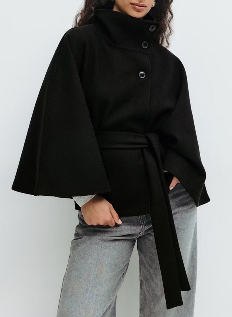 Winter High Neck Batwing Sleeve Coat With Belt Fashion Loose Elegant Button Top Trench Coat For Women Clothing A&S Collection