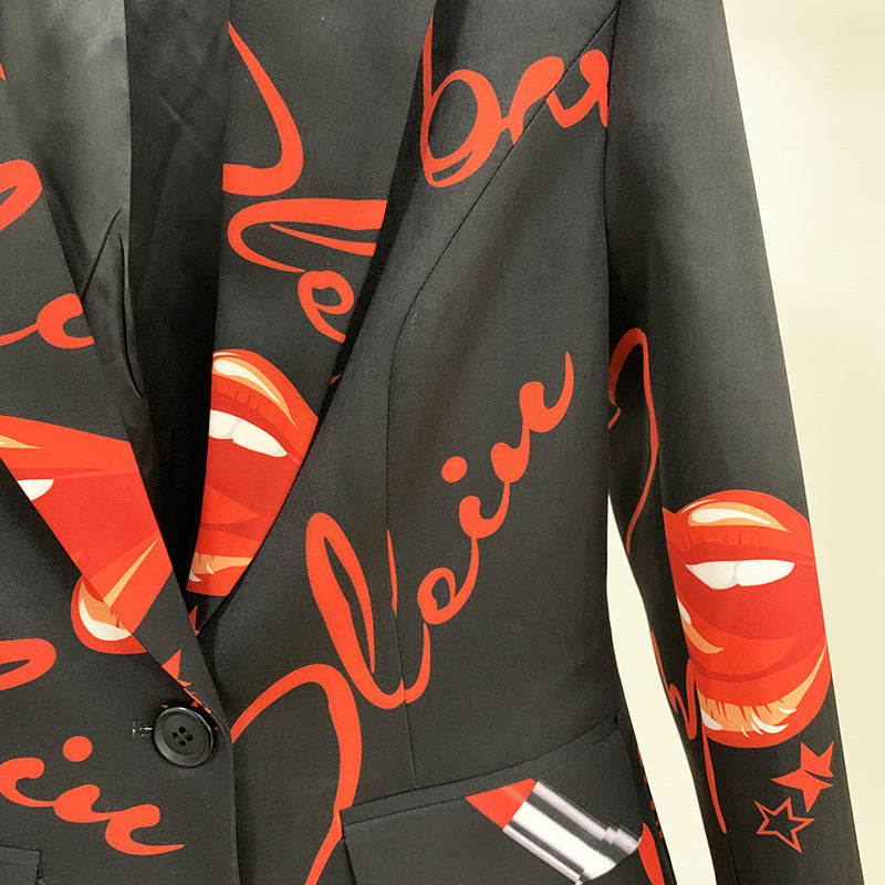 autumn and winter star fashion: Red lip letter print button suit with bell-bottom pants A&S Collection