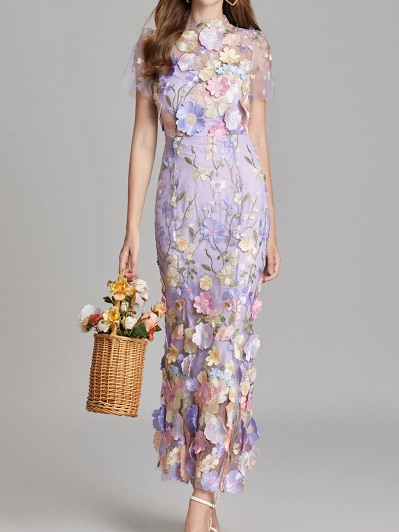 Floral Embroidered Mesh Overlay Maxi Dress.