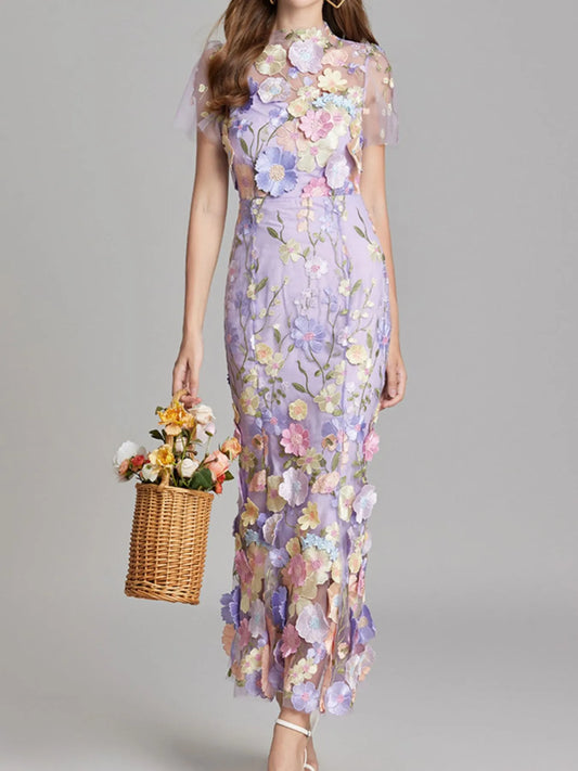 Floral Embroidered Mesh Overlay Maxi Dress.