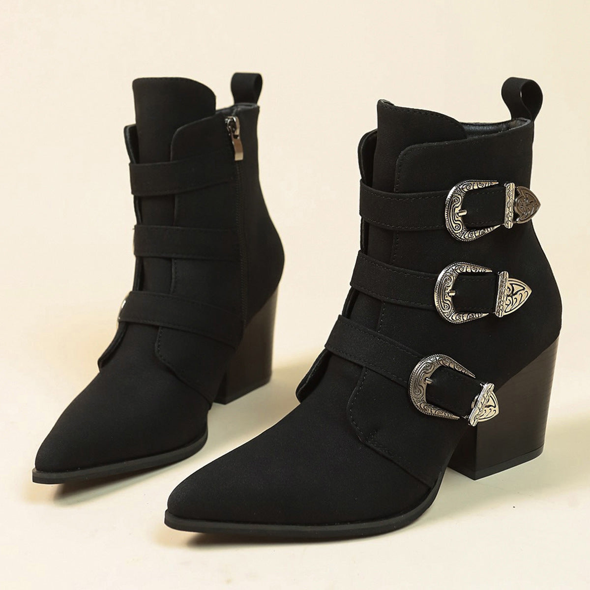 Chunky Heel Pointed Toe Boots With Belt Buckle Design Retro Mid-calf Boot Fashion Fall Winter Shoes For Women A&S Collection